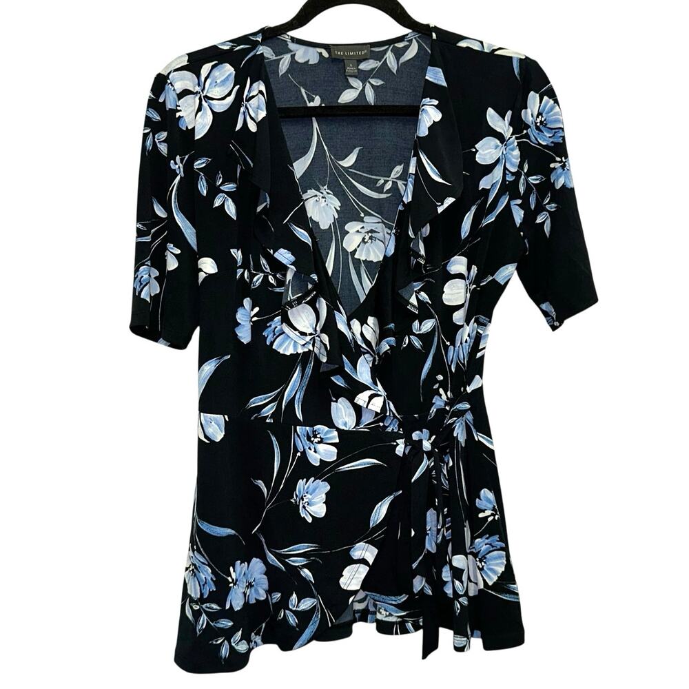 The Limited Floral Wrap Top Small Black Blue Peplum Blouse Tie Waist V-Neck